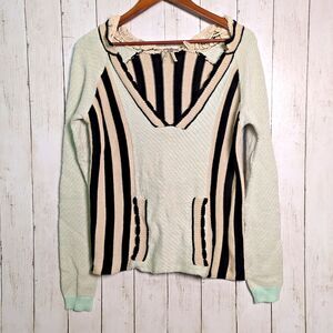 BKE Medium Striped Knit Crochet Lace Hooded Sweater Mint Black Boho